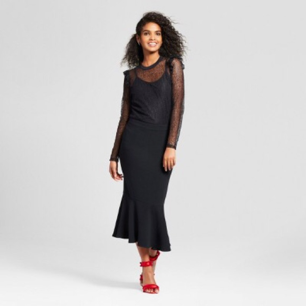 Long Sleeve Rib Crew Lace Top - Black